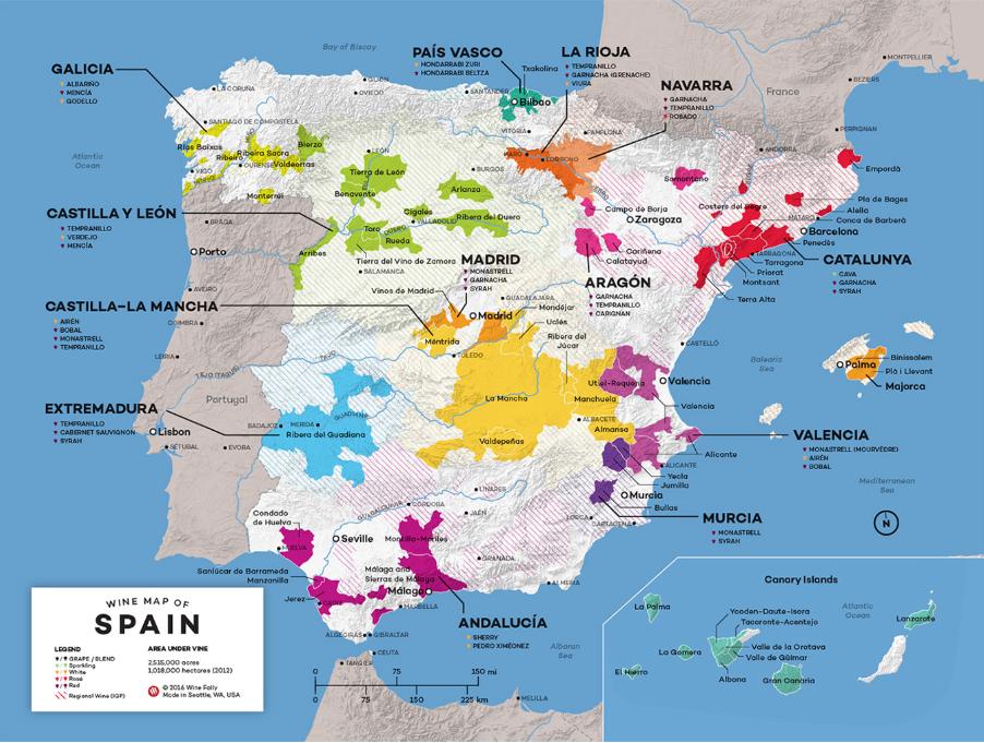 Map of the Wine Region of Spain with the Spanish Wineries